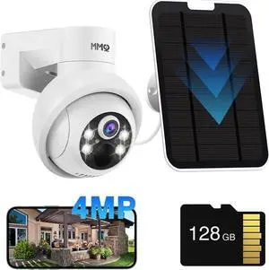 Solar Security Cameras Outdoor, 4MP PTZ Solar Panel for Security Cameras, Battery Powered Wireless Cameras for Home with 128GB Card, PIR Motion Detection, Color Night Vision, Compatible with Alexa