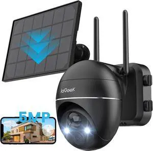 ieGeek 5MP Security Cameras Wireless Outdoor, Solar Outdoor Security Cameras System 360° PTZ with Spotlight & Siren, 2.4Ghz Outdoor Cameras for Home Security,Color Night Vision, Work with Alexa