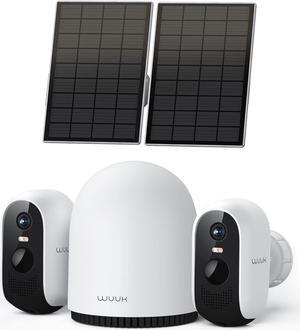 WUUK 2K Solar Security Cameras Wireless Outdoor, Homebase Support Up to 8 Cams, 2 Cams Kit with Forever Power, No Monthly Fee, 32GB Local Storage, Compatible for Alexa, Google Home&IFTTT, 2.4G&5G WiFi