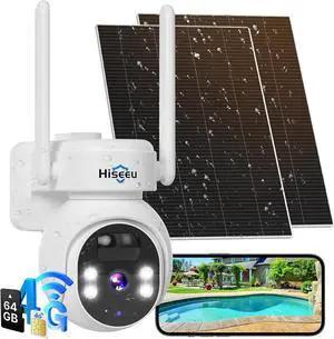 Hiseeu No WiFi Security Camera, [24/7 Recording] 4G Cellular Security Cameras Wireless Outdoor, 20W Solar Cameras 360°PTZ, 2K Night Vision, 2-Way Talk, 20000mAh Battery, 64G SD & SIM Card