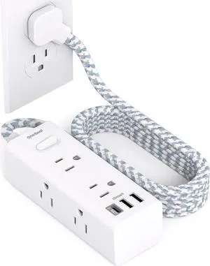 Surge Protector Power Strip, One Beat Ultra Thin Flat Plug Extension Cord 5ft, 6 Outlets 3 USB Ports(1 USB C), 3 Sided Outlet Extender for Home Office Travel Dorm Room Essentials