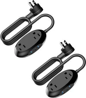 2pcs Power Strip with USB Ports: Mini Travel Charger with 5ft Extension Cord and 2 Outlets, Flat Plug Power Strip for Nightstand Desktop Home Office (Black)