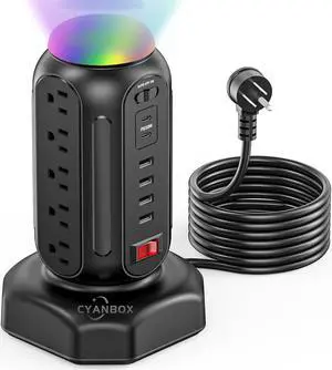Multiple Outlets Surge Protector, PD 30W Fast Charging Power Strip Tower with RGB Night Light, 15 AC Outlets Power Tower, 2 Type C and 4 USB Ports, 6.5FT Retractable Extension Cord Charging Station