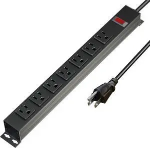 Metal Power Strip, Mountable Heavy Duty Surge Protector with 6ft Extension Cord and Switch, Aluminum Alloy House for Heat Dissipation, 14AWG Power Cord, 1875W Overload Protection (Black-7AC)