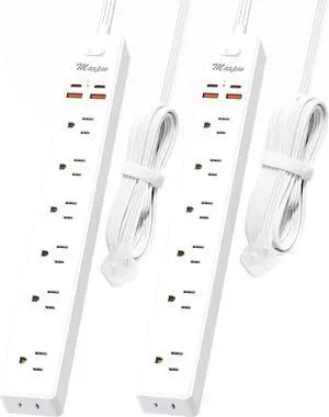 2 Pack Power Strip Surge Protector - 7 Outlets 4 USB Ports (2 USB C), Maxpw Ultra Thin Flat Extension Cord & Flat Plug, 10 Ft & 6 Ft, 1875W/15A, 1700 Joules, Wall Mount for Home Office Dorm, White