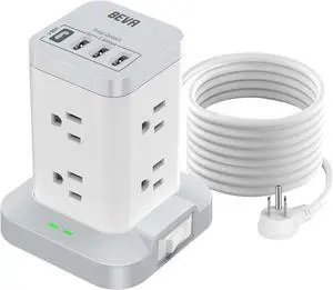 BEVA Surge Protector Tower with 8 AC & 4 USB(USB-C) Ports, 6.5 FT Extension Cord - Charging Station for Office & Dorm Room