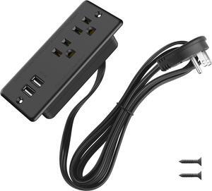 Recessed Power Strip Flat Plug, Desk Outlet with USB, ETL Listed Conference Outlet Socket with 2 AC Plugs, 2 USB Ports Connect with 6ft Power Cord for Furniture, Home, Office(Black)