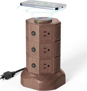 Power Strip Tower with 15W Wireless Charger, SUPERDANNY 1050J Surge Protector Tower 13A Charging Station with 12 AC Outlets & 6 USB Ports (2 USB C), 6.5ft Extension Cord for Home Office, Wood Grain
