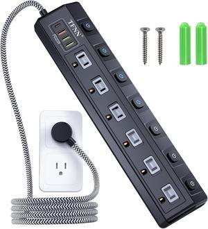 Power Strip with USB Ports,5FT Total 70W 4 USB Charging Station,USB-C(PD 20W) 3USB-A(QC20W*1,5V3A*2),Individually Switchable 1875W Extension Cord with 6 Outlets,Overload Protection