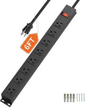 8 Outlet Metal Power Strip,6FT Long Extension Cord Heavy Duty Power Strip for Kitchen,Office,School,Commercial,Workshop,Industrial ETL Certified and Listed Socket,1825W/125V/15A,Black(6FT)