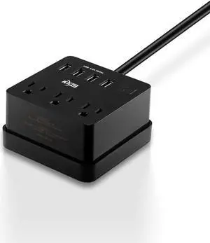 KMC 3-Outlet Travel Power Strip with USB Ports (4 USB-A), 5 ft Extention Cord with Multiple Outlets and USB Power Strip, Travel Extension Cord with USB Ports, Power Cube with USB Ports, Black
