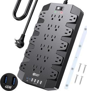 PD 45W Fast Charging Power Strip Surge Protector with 22 Outlet + 6 USB Port, SUPERDANNY 1875W/15A, 2100J, 6.5ft 45° Plug Mountable Extension Cord for Home,Office,Dorm,Gaming,PC,Streaming