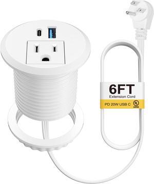 2 Inch Desk Power Grommet USB C PD 20W, Recessed Power Strip Socket with AC Plugs and 2 USB Charging Ports, Hidden Power Strip for Office Furniture Conference Room Kitchen Table, White