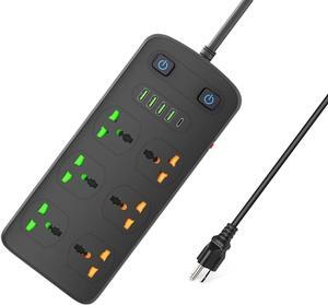 Universal Power Strip with USB and Type C Port, Surge Protector with 6 Universal Oulets and 4 USB, 110-250V, 6.5ft Extension Lead 2500W for European Travel, Home Office Black