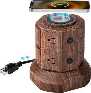 SUPERDANNY Power Strip Surge Protector Tower with 15W Wireless Charger, 13A Charging Station with 1050J Surge Protection, 8 AC Outlets+4 USB Ports (2 USB C) and 6.5ft Extension Cord for Home, Brown
