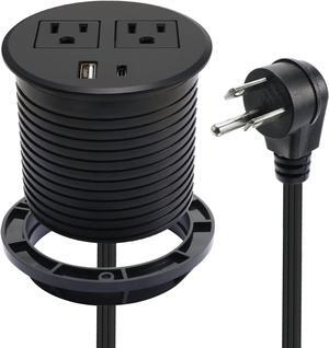 Desk Power Grommet USB C Recessed Power Strip 2 Outlet 2 USB Ports (1 USB-C & 1 USB) Mountable Power Station Flat Plug Extension Cord for Desktop Sofa Table BedHead Kitchen Island Black