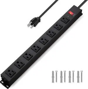 8 Outlet Power Strip Surge Protector, 6 Feet Metal Power Strip Heavy Duty with Switch for Home Office School Shop Garage, Wall Mount with Screw, 2100J 15A 125V 1875W, 14AWG, SGS Listed, Black
