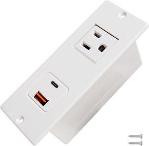 Recessed Power Strip USB C 20W PD Fast Charge Desk Power Outlet Type C 1 Outlet 2 Quick Charge USB Flush Mounted Long Extension Cord for Nightsand Couch Dorm (White)