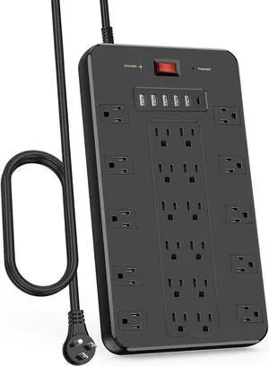 Surge Protector Power Strip, FDTEK 22 AC Multiple Outlets with 6 USB (1 USB-C), 6.5Ft Extension Cord Flat Plug Outlet Extender Heavy Duty Power Strip for Home Office Dorm Gaming (2100J, 15A/1875W)