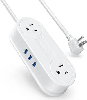 Small Power Strip with 3 USB Ports, BESTEK 2 Outlet Portable Plug Strip Charging Station with Adhesive Sticker, 5 Ft Extension Cord, Ultra-Compact for Cruise Ships, Dorm Room,Travel, Bedside, Office