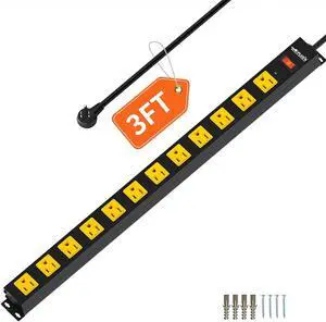 12 Outlet Long Power Strip, 3FT Power Cord, 2100 Joules Surge Protector, Wide Spaced Outlet Power Bar, Overload Protection Switch, Industrial Heavy Duty for Work Bench, Shop, Garage