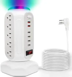 Power Strip Tower with Colorful Night Light, 15 Outlets 6 USB Ports, CYAN BOX with USB Surge Protector Power Strip Tower & 6.5ft Flat Plug Extension Cord, Outlet Overload Protection for Home, Office.