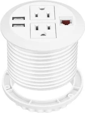 BTU Desktop Power Grommet with USB, 3 inch Hole Recessed Power Outlet, Flush Mount Power Strip Outlet with 2 AC Outlet & 2 USB Ports & 1 CAT6 & 10ft Power Cords for Table, Office, Home, Hotel, White