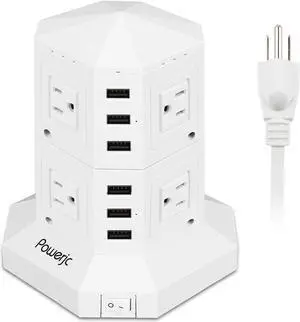 Power Strip USB Surge Protector Tower 8 AC Outlets with 6 USB Ports Chargers 10 Feet Long Extension Cord Indoor White-Powerjc