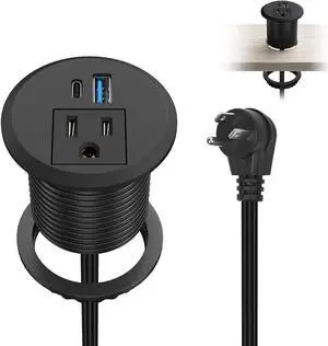XBA 2inch Desktop Power Grommet Recessed Power Strip with PD 20W USB C,AC Outlet and 18W USB A Charging Port, Hidden Power Outlets with 6FT Extension Cords for Office, Home(Black)