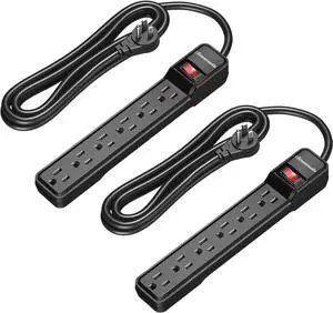 DEWENWILS 2-Pack 10FT Power Strip Surge Protector, 6-Outlet Strip with Low Profile Flat Plug, 15 Amp Circuit Breaker, 500 Joules, Wall Mount, Black, UL Listed