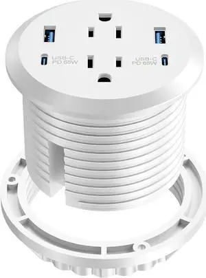 Desktop Power Grommet,GaN 65W USB C Fast Charging Port,2 AC Outlets,4 USB Ports in to The Top of Your Desk,Flush Mount Power Grommet 3-inch Hole,Countertop Recessed Outlet(White)