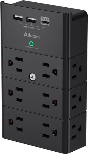 Multi Plug Outlet - Addtam Surge Protector Wall Mount with 12 Outlet Extender- 3 Sides and 3 USB Ports (1 USB-C), Outlet Splitter Power Strip for Home, Office, Hotel, Black