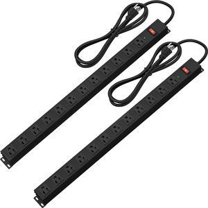12 Outlet Long Power Strip Surge Protector with 2100 Joules, 6FT Power Cord, Wide Spaced Outlet Power Bar, Overload Protection Switch, Industrial Heavy Duty for Work Bench, Shop, Garage (Black),2 Pack