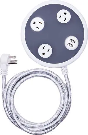 Jasco Surge Protector Power Strip with USB Charger, 3 Outlets, 2 USB Ports, 2.4A Fast Charging, 8 ft Braided Extension Cord, Flat Plug, 450 Joules, Etl Listed, Gray/White, 41386