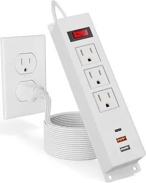 BTU Wall Mount Power Strip with Fast Charing USB C, 3 Outlets Mountable Power Outlet with 3 USB, Under Desk Power Strip,Desk Mount Power Strip with 6FT Power CordWhite