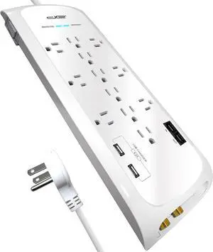 Digital Energy 12 Outlet 4200 Joules Surge Protector Power Strip with 2 USB (4.2A) Ports, 6 Foot 14/3 AWG Cord, Coax/Phone/Ethernet Protection, 6 Wide Spaced Outlets,White