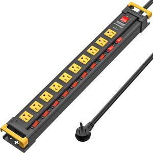 10 Outlet Heavy Duty Power Strip with Individual Switches, Metal Surge Protector Power Strip Flat Plug,3300J 15A/1875W Overload Protection, 6FT Cord Management, Wall Mount,Wide Spaced
