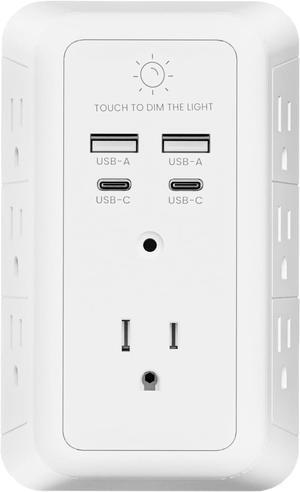 Wall Charger Surge Protector, Outlet Extender with Night Light, USB Wall Charger with 2 USB C and 2 USB Ports, 3-Sided Power Strip with Adapter Spaced Outlets for Home Office Travel, ETL Certified