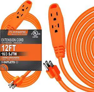 K KASONIC - 12-Feet 3 Outlet Extension Cord, UL Listed, 16/3 SJTW 3-Wire Grounded, 13 Amp 125 V 1625 Watts, Multi-Outlet Indoor/Outdoor Use, Orange