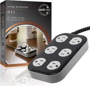 Cordinate Adapt 6 Widely Spaced Multiple Outlets Power Strip Surge Protector Braided 4 ft Extension Cord Flat Plug Electrical Extender for School Dorm Room Home Office 500 Joules, Black, 78846 Cordinate Adapt 6 Widely Spaced Multiple Outlets Power Strip Surge Protector Braided 4 ft Extension Cord Flat Plug Electrical Extender for School Dorm Room Home Office 500 Joules, Black, 78846