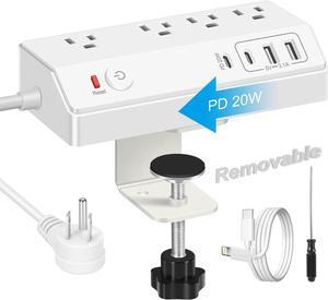 Desk Clamp Power Strip with USB C (20W PD) - Removable Surge Protector with 4 Outlet 4 USB Ports - Multi Outlet Plug Edge Mount Desktop Power Station Charging Hub - Home Office Desk Accessories