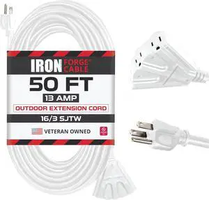 Iron Forge Cable 50ft White Outdoor Extension Cord with 3 Outlets - 16/3 SJTW 50ft Extension Cord 3 Prong, 13 Amp All-Weather Heavy Duty Power Cable