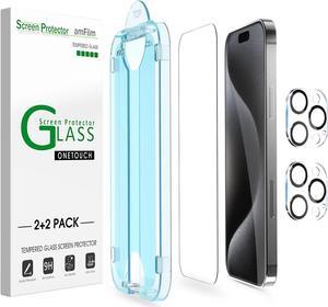 OneTouch 2+2 Pack Compatible with iPhone 15 Pro Screen Protector 6.1 Tempered Glass with Camera Lens Protector Accessories Premium Easiest Installation Kit 9H HD Case Friendly