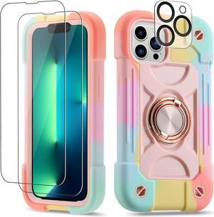 for iPhone 13 Pro Case 6.1 Inch with Ring Stand, with 2 Pack Glass Screen Protector + 1 Pack Camera Lens Protector,Heavy-Duty Shockproof Military Grade Rugged Cover (Rainbow Pink)
