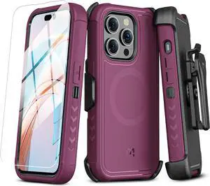 MYBAT PRO Maverick Series iPhone 15 Pro Max Case with Belt Clip Holster,[Compatible with Magsafe] w/Screen Protector,Anti-Drop,Shockproof,with 360°Rotating Kickstand,Heavy Duty Protection Plum