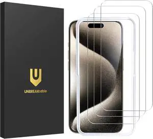 UNBREAKcable Shatterproof Tempered Glass Screen Protector for iPhone 15 Pro [3-Pack] [Easy Installation Frame] [9H Hardness] [99.99% HD Clear][Bubble Free] for Apple 6.1