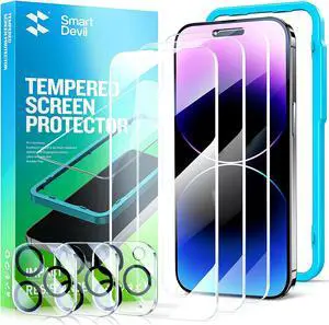 SmartDevil 3 Pack Screen Protector for iPhone 14 Pro with 3-Pack Camera Lens Protector, 9H Clear Tempered Glass Film [Military Grade Shatterproof], Alignment Frame [Easy Installation]