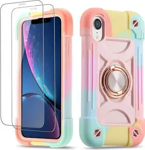 for iPhone XR Case 6.1 Inch with Ring Stand, with 2 Pack Glass Screen Protector,Heavy-Duty Shockproof Rugged Military Grade Cover with Magnetic Car Mount for iPhone XR (Rainbow Pink)
