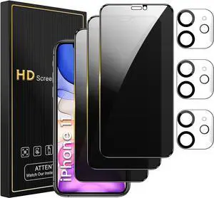 3 Pack Privacy Screen Protector for iPhone 11 6.1 Inch with 3 Pack Camera Lens Protector, Anti Spy Tempered Glass Film, Anti-Scratch, Touch Sensitive, Bubble Free, Case Friendly