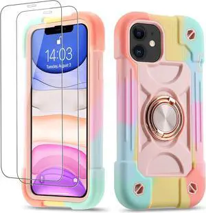 for iPhone 11 Case 6.1 Inch with Ring Stand, with 2 Pack Glass Screen Protector Heavy-Duty Shockproof Rugged Military Grade Cover with Magnetic Car Mount for iPhone 11 (Rainbow Pink)